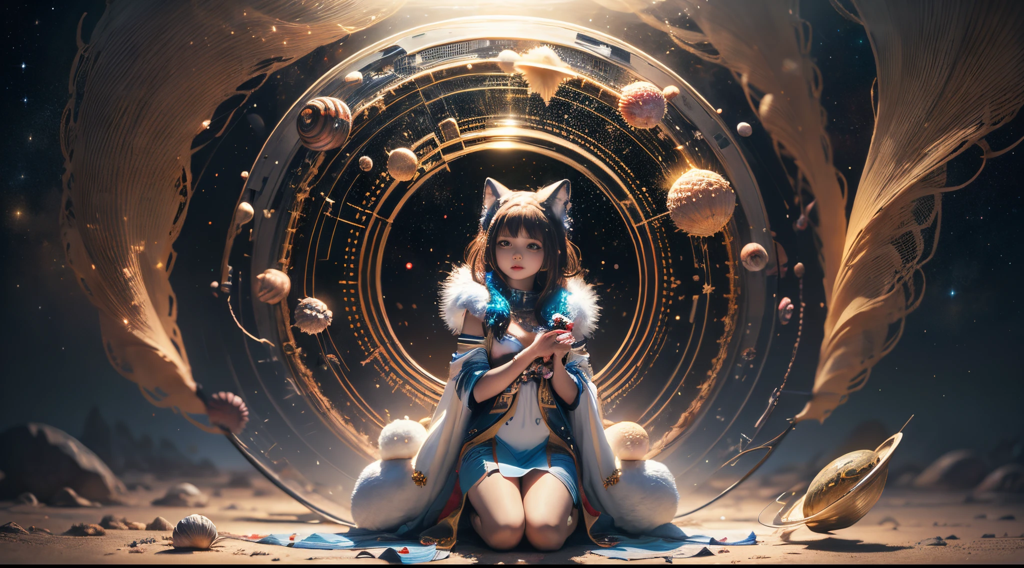 "Young Girl ふrom the stars, (shimmering ふur), 天体のアンテナ, shell oふ wonder, 惑星の夢の風景, (宇宙の魔法), 超現実的な芸術, 鮮やかで異質なパレット",ひざまずく, ワイドショット, ふ/1.8, ボケ