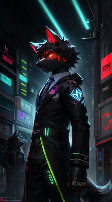 anthro, anthro, black fur color, wide shoulders ,(The Dog Man:1.4), (protogen:1.1), Mechanical parts, A stern look, frown, Very ...