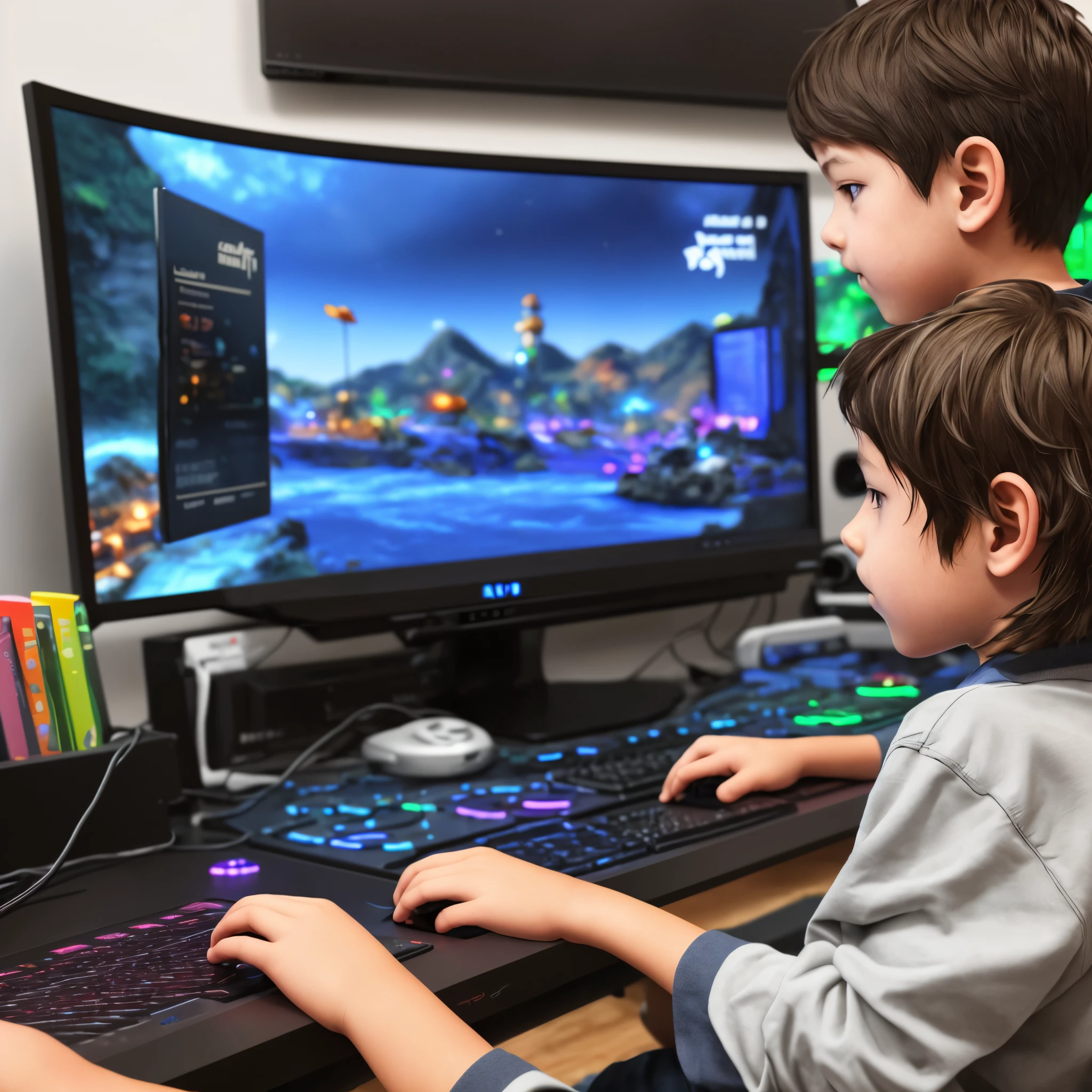 Two young boys playing a video game on a computer with a keyboard and mouse  - SeaArt AI