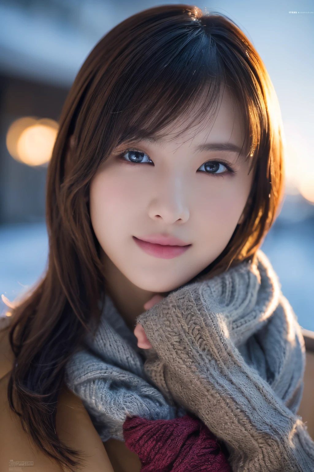 1girl in, (Wear winter clothes:1.2), (Raw photo, Best Quality), (Realistic, Photorealsitic:1.4), masutepiece, Extremely delicate and beautiful, Extremely detailed, 2k wallpaper, amazing, finely detail, the Extremely Detailed CG Unity 8K Wallpapers, Ultra-detailed, hight resolution, Soft light, Beautiful detailed girl, extremely detailed eye and face, beautiful detailed nose, Beautiful detailed eyes, Cinematic lighting, Winter scene, Perfect Anatomy, Slender body, Taut, 
Straight semi-long hair, Bangs, Looking at Viewer, A slight smil