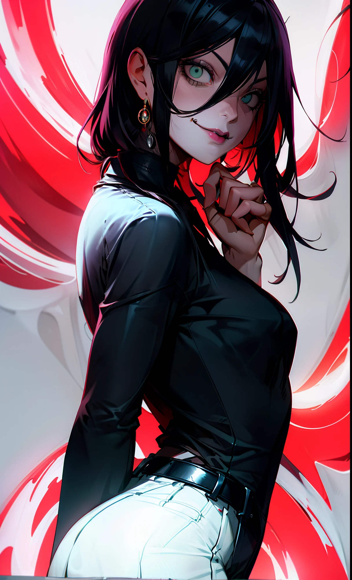 Running away,a woman), holding knife, blood rain, 1girl, only, Standing, Red hair, long braided hair, golden eyes eye with circular pupils, fringe, BIG BREASTS, FITTED WHITE SHIRT, , meet, They are smiling, (just:1.2), (interview:1.3), dark background, Skirt , The best quality, shiny skin, highest qualityr, High resolution.