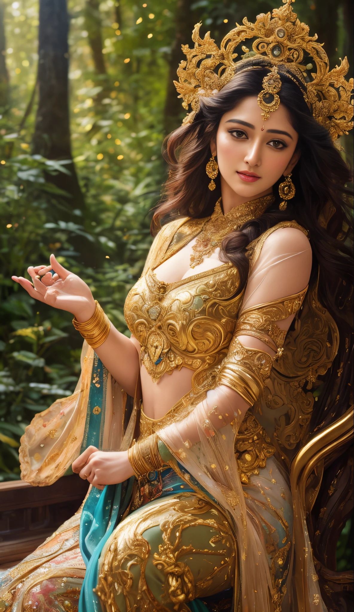 Gesichtsmischung von Anushka Shetty und Nayanthara, ein meisterhaftes, ultrarealistisches, ultradetailliertes Porträt eines wunderschönen Mädchens in unglaublicher goldener Rüstung. barocke Renaissance. im Wald. mittlere Aufnahme, kompliziert, elegant, sehr detailliert. Trends auf ArtStation, digital art, by stanley artgerm lau, Wlop, Abonnieren, James Jean, Andrei Riabovitchev, Marc Simonetti, Yoshitaka Amano. background by James Jean and gustav klimt, Licht von Julie Bell, 4 k, Porzellanhaut.