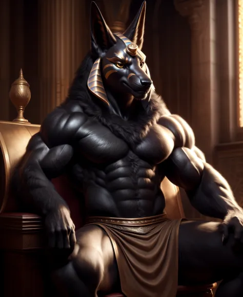 ((realistic)), upload on e621, by Garmash,Ruan Jia, darkgem, anthro, male, ((( detailed fluffy fur))), ((sitting)), detailed realistic painting, (((biceped))), (((shaded))) extreme detail, ((anubis)), loincloth, black body, jackal, muscular