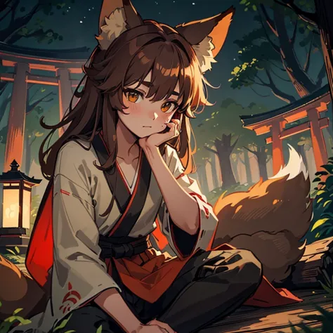 Masterpiece, hiquality, 1boy, half-kitsune, Fluffy brown hair, only fox ears, no human ears, grey-green-brown eyes, Red fox ears...