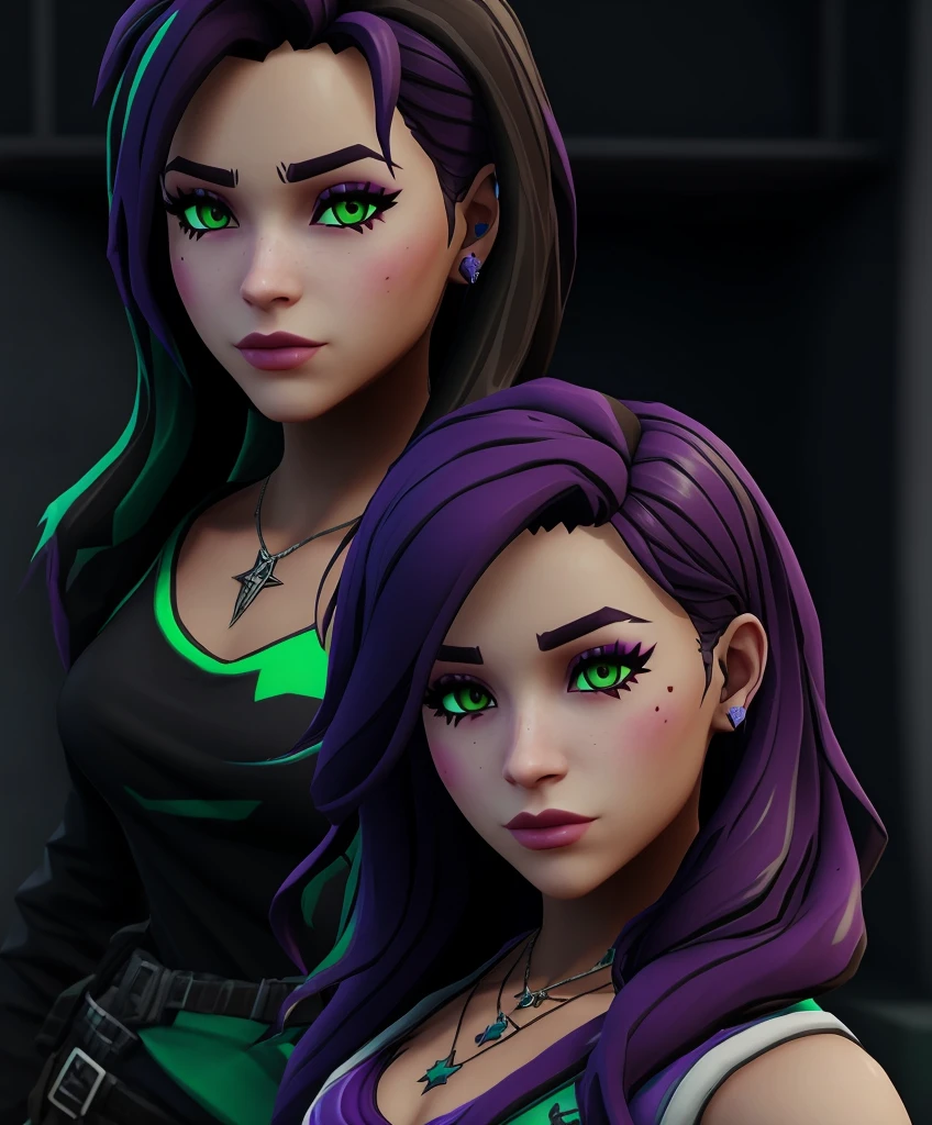 Fortnite skin with black purple hair and green eyes - SeaArt AI