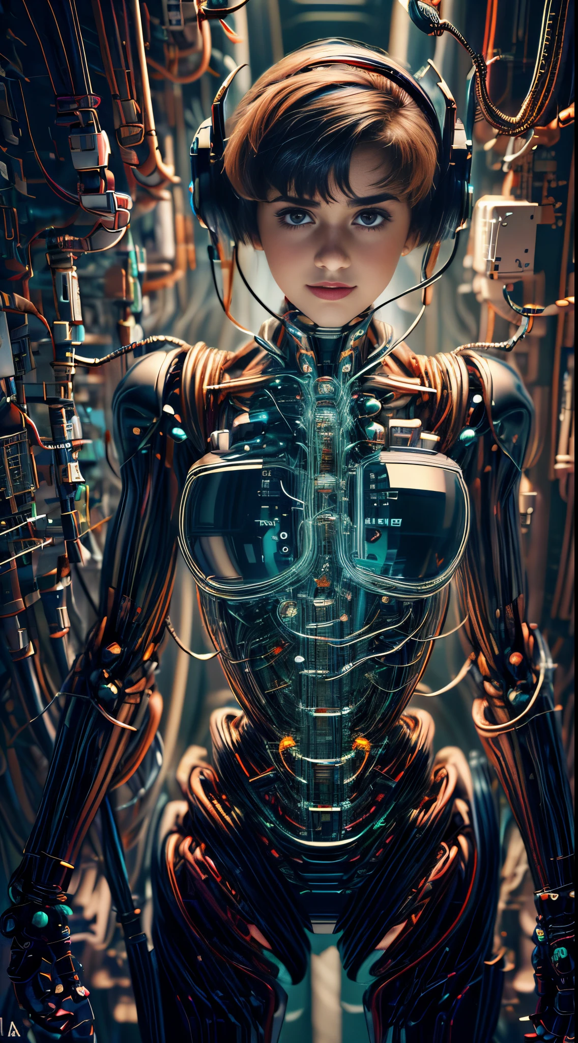 A woman in a futuristic suit standing in a room with wires - SeaArt AI