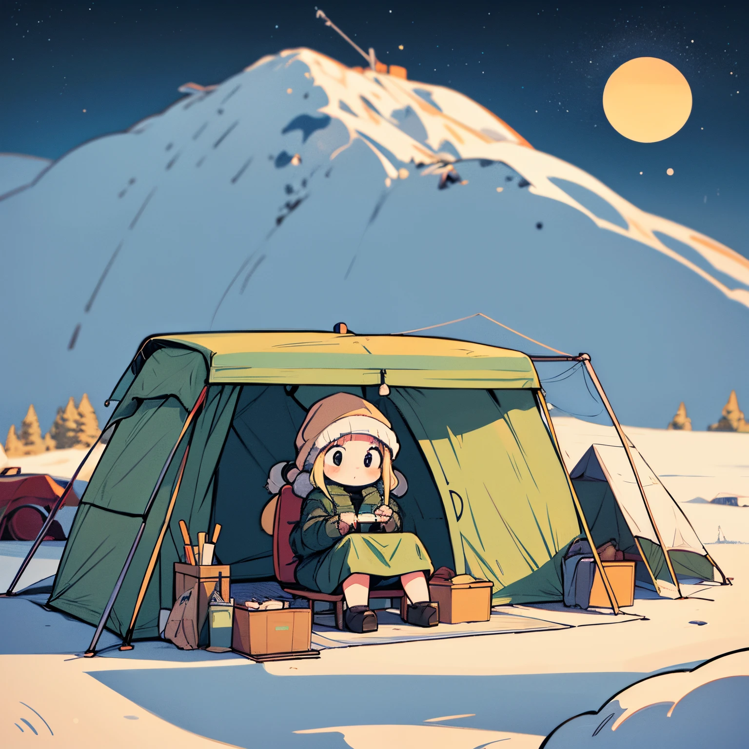 Amplia ilustración en una paleta de colores sencilla y apagada., enfatizando a la chica chibi, inspirado en &#39;Yuru Camp△&#39;, mientras se sienta entre una extensa colección de equipos de campamento, desde tiendas de campaña hasta equipos de cocina avanzados, con una moto antigua añadiendo un toque de nostalgia, todo bajo un cielo invernal iluminado por las estrellas suavemente borroso.