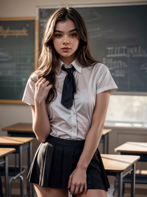 Professional whole body photo, (4K Photo:1.1) by (Jeremy Lipking:0.3), (Dittmann Anna:0.3), (Cecile:0.3), (sharp focus:1.3), high detail, Woman dressed as a schoolgirl, shirt, small black tie, black skirt, school, classroom, mid-hairlong, Instagram model p...