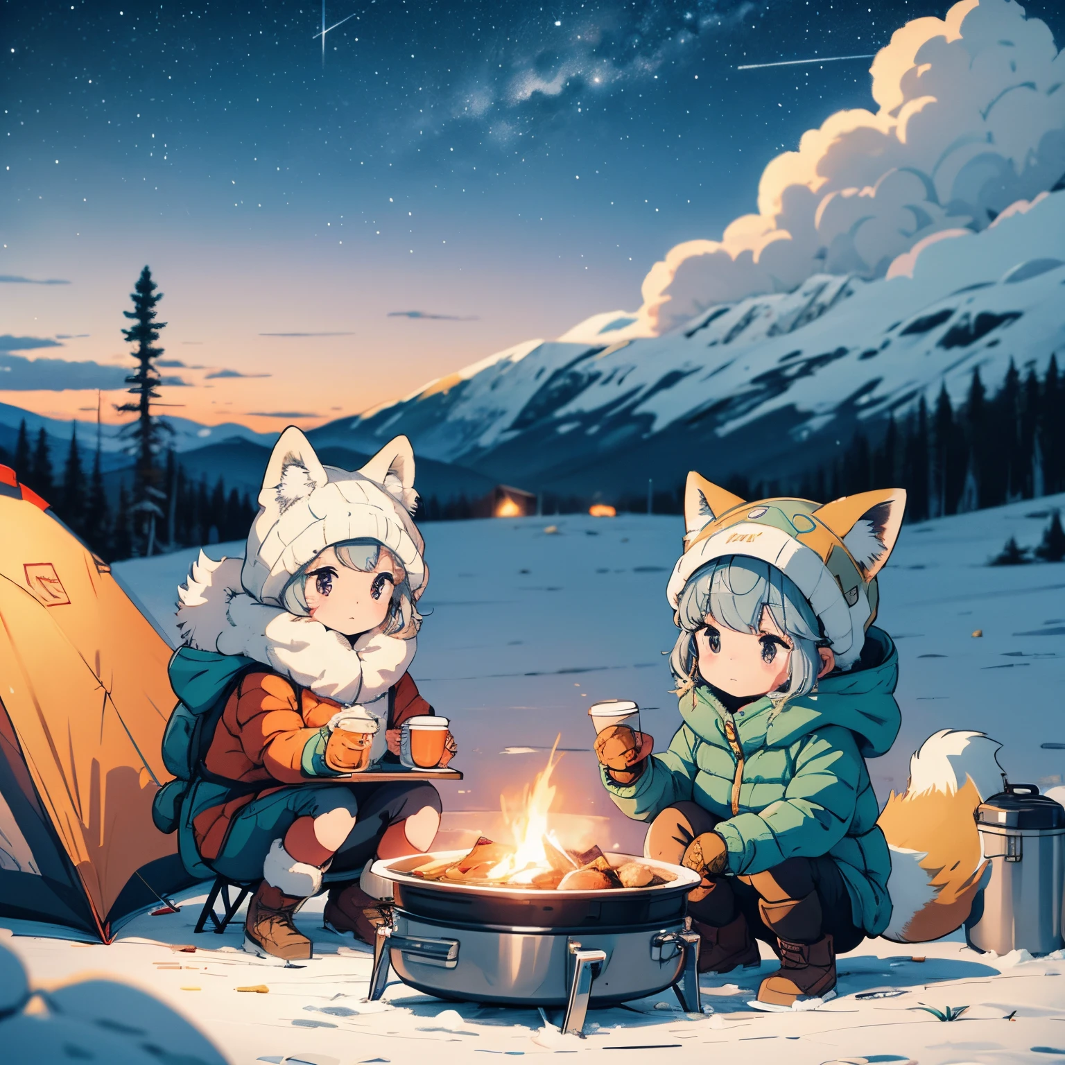Wide illustration in a simple and muted color palette, emphasizing the chibi fox girl, inspired by 'Yuru Camp△', as she sits among an extensive collection of camping equipment, from tents to advanced cooking gear, with a vintage motorcycle adding a touch of nostalgia, all under a gently blurred starlit winter sky.