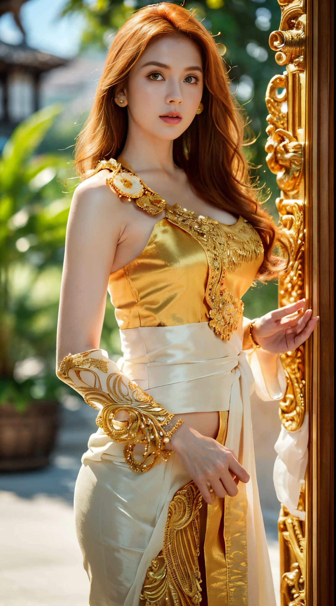 Photorealistic Production, (One Person), (Realistic Image of a 25 Years Old British Female Model), (Shoulder-level Wavy Ginger Hair:1.6), (Athletic Body Builds:1.4), (Pale Skin:1.4), (Wearing a White Ornated Kebaya Dress with Silk Cloth and Golden Jeweleries:1.6), (Serious Face), (Deep Cleavage), (Elegant Pose:1.6), Centered, (Waist-up Shot:1.4), From Front Shot, Insane Details, Intricate Face Detail, Intricate Hand Details, Cinematic Shot and Lighting, Realistic Colors, Masterpiece, Sharp Focus, Ultra Detailed, Taken with DSLR camera, Realistic Photography, Depth of Field, Incredibly Realistic Environment and Scene, Master Composition and Cinematography