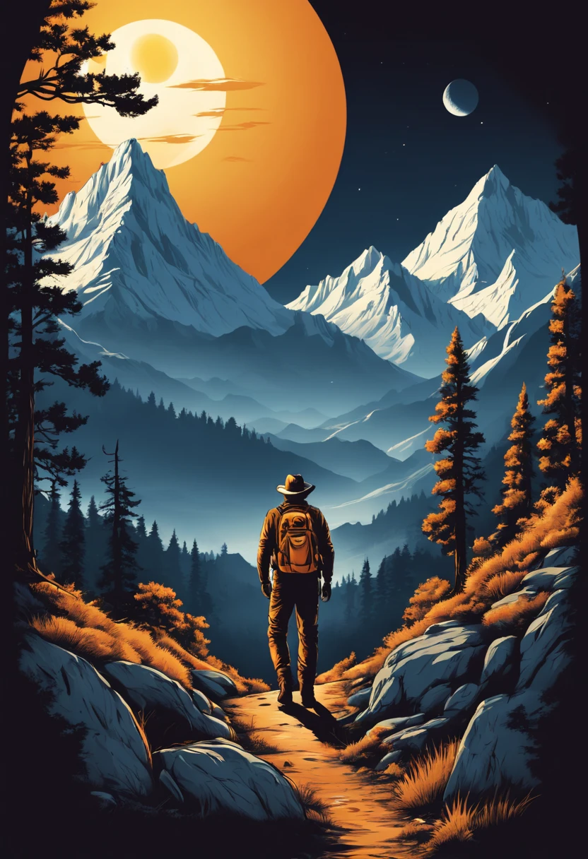 print ready vector t-shirt design, adventure scene with explorer, with beautiful nocturnal sun and mountain in the background, clean white background, professional vector, full shot, 8K resolution, deep impression illustration