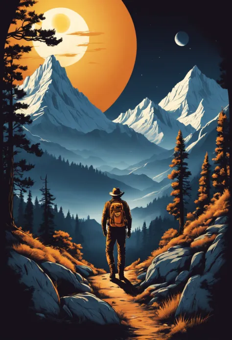 print ready vector t-shirt design, adventure scene with explorer, with beautiful nocturnal sun and mountain in the background, c...