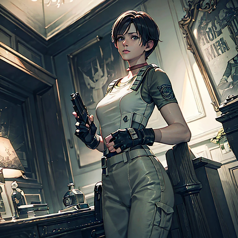 (rebecca_chambers), (re1costume), ((masterpiece)), ((best quality))), ((ultra-detailed)), ((illustration)), 1girl, (solo), looking at viewer, Indoors , black gloves, night