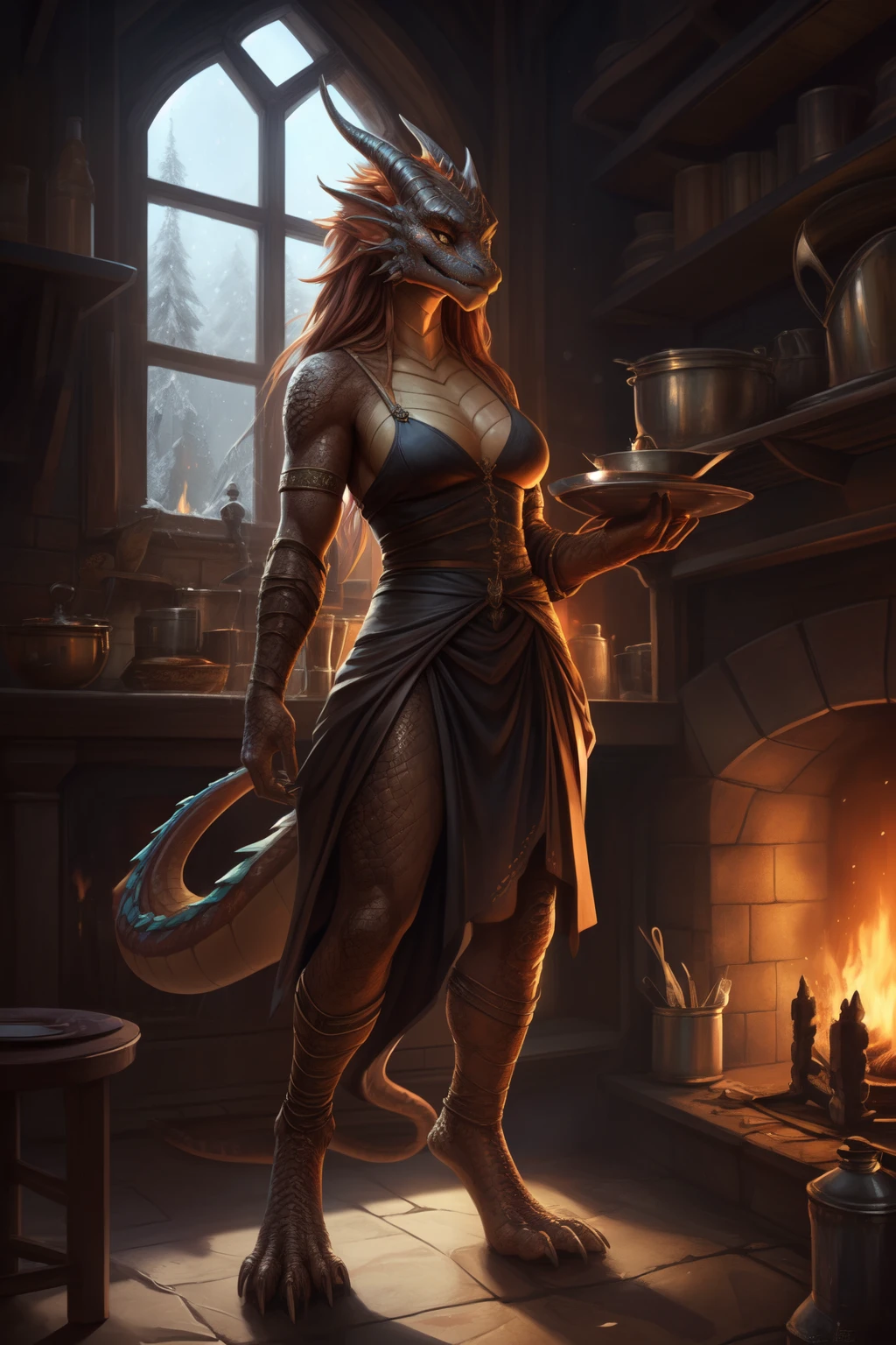 uploaded on e621, by Pixelsketcher, by Bayard Wu, by Thomas Benjamin Kennington , by Einshelm, solo anthro, ((full length, General plan)), BREAK, ((concentration)), (detailed Bonifasko lighting), (Detailed scales), (detailed skin), (Colorful Dragon, Colorful Dragon, Colorful Dragon), BREAK, ((Dragon's feeling)), ((NSFW)), ((Long, Graceful multi-colored tail)), (flowing ginger hair)), ((Detailed background)), ((in full height)), (((Type of faces))), (half body shadow), [Backlighting], [twilight ray], [Detailed ambient light], [gray natural lighting], [Ambient light], (A higher level of detail in the kitchen of a medieval tavern), [explict content], [sharp-focus], (Questionable content), (shaded), ((Masterpiece), feeling, With their own hands;, flowing long hair, Chest of medium scales, Fluffy multi-colored dragon, Dragon Face, furry fantasy art, Furry art, commission for high res, anthro art, Art,Sakimichan is beautiful, Masterpiece, Best Quality, Detailed image, Bright colors, Detailed Face, perfect  lighting, Perfect shadows, Perfect eyes, focus on girl, dragon eyes, flawless face, (( Graceful multi-colored tail)) dragon, light skin, Dragon Girl, Scalie, Scaly Women, Dragon's nose, Large long muzzle, Multi-colored scales, gaze at the viewer, half closed eyes, solo, (Masterpiece), (Best Quality), (illustartion), Long hair, Detailed scales, Balanced coloring, Global Illumination, Ray Tracing, good lighting, scales, anthro, Showing breasts, cleavage, looking a viewer, seductive gaze, NSFW, Medieval dress, ((Medieval cuisine, Cooking, delicious food, The character is cooking)),((fire in the hearth, fireplace, Warm lighting)), ((winter in the window, Falling snow))
