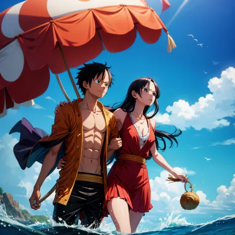 anime onepiece, of a man Monkey D Luffy carrying a woman Boa Hancock in the water, anime film still, by Hiromu Arakawa, today's ...