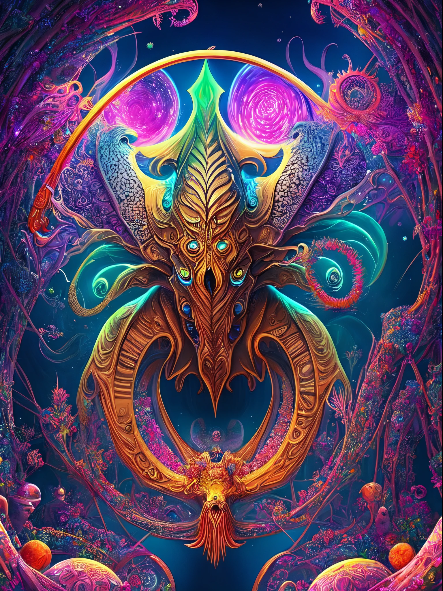 a sexy Cthulhu in center in a psychedelic and surreal spiral world, ultra-detailed, with vibrant colors and lighting effects, creating a masterpiece with 8k and 4k resolution.sexy Cthulhu is depicted with intricate details, merging with the surroundings seamlessly. The artwork show cases sexy Cthulhu under the influence of LSD, where space and time lose their boundaries. The scene exudes a sense of otherworldly beauty and mystique, combining the ancient stargate Egyptian deity with a contemporary psychedelic aesthetic, creating a visually stunning and mind-altering experience. strong facial expressions"