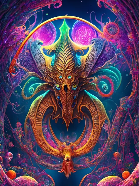 a sexy Cthulhu in center in a psychedelic and surreal spiral world, ultra-detailed, with vibrant colors and lighting effects, cr...