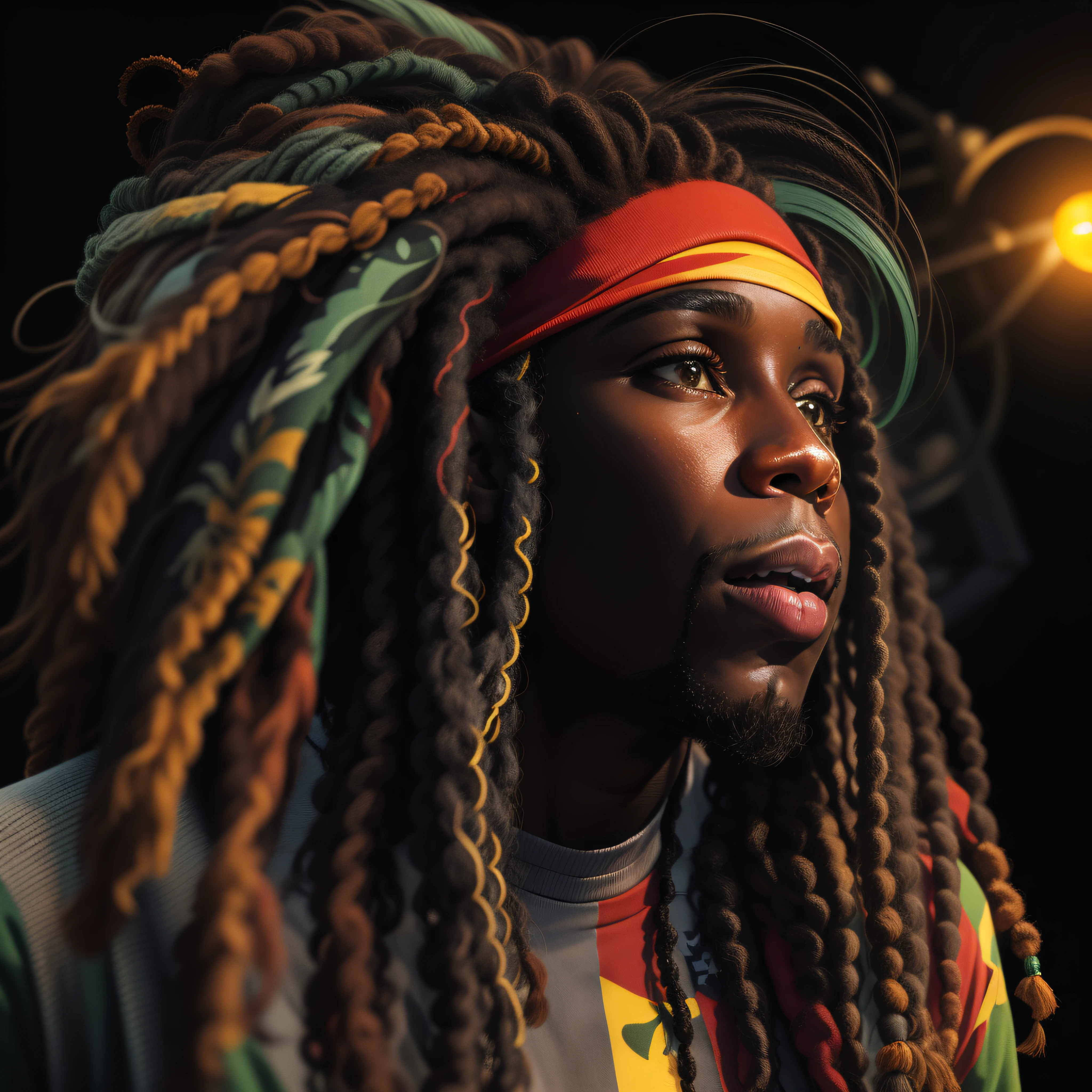 Crie um logotipo com a cabeça de um homem negro com dreadlocks nas cores pretas, verde, amarelo e vermelho (olhando para a frente) , imagem estilo logomarca , sóbrio, (fundo preto), Imagem com resolução de pelo menos 300dpi, Ultra HD 8k, Qualidade muito alta para excelente impressão. Iluminação que destaca a figura em relação ao fundo, cores do reggae, Estilo da camada de disco