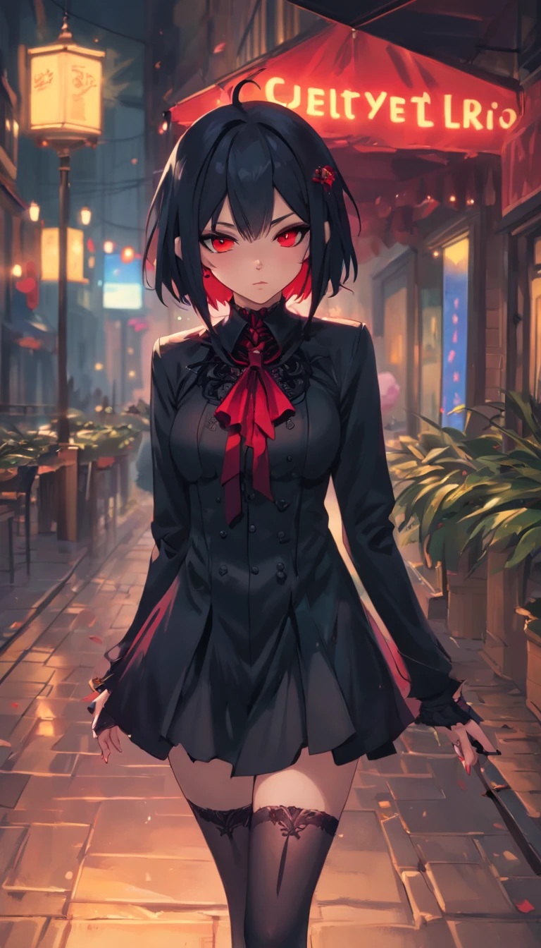 Anime girl in a black dress and red bow walking down a street - SeaArt AI