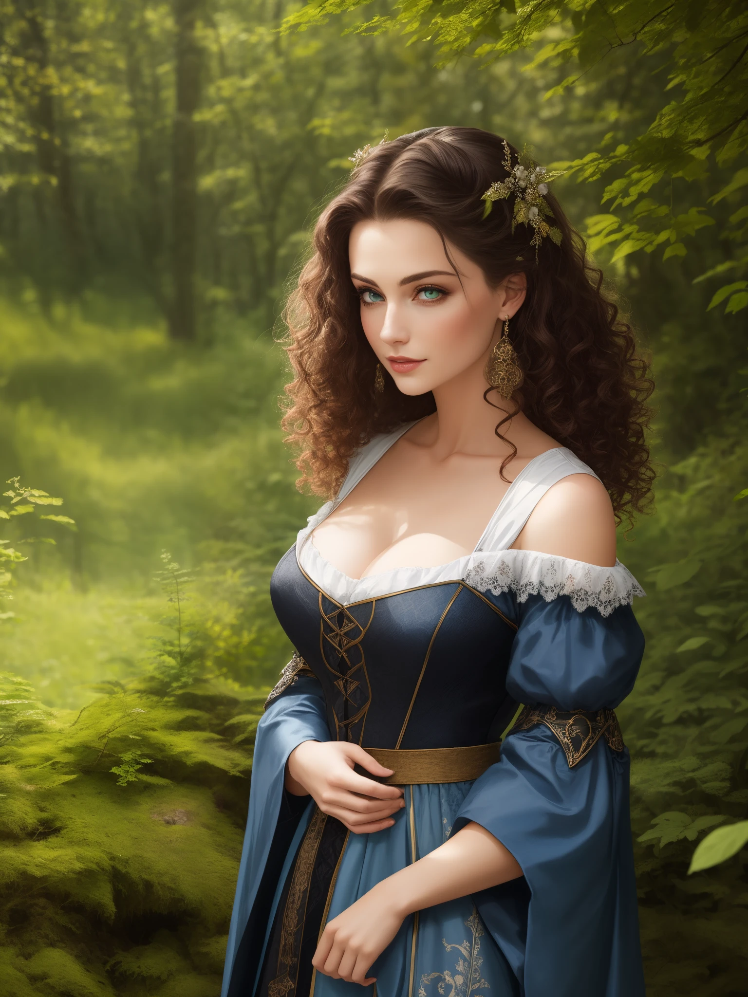 A woman in a blue dress standing in a forest - SeaArt AI