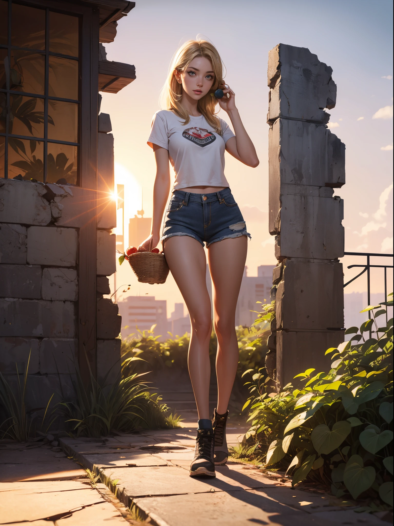 2076 year. The Urban Ruins of the Wasteland, Female huntress picking fruit in the garden, beautiful face, blonde, badly torn shirt and denim shorts ,  long legs, sweating through, sun rising, Nice warm colors, head to toe, full body shot, pretty hands, perfect fingers,