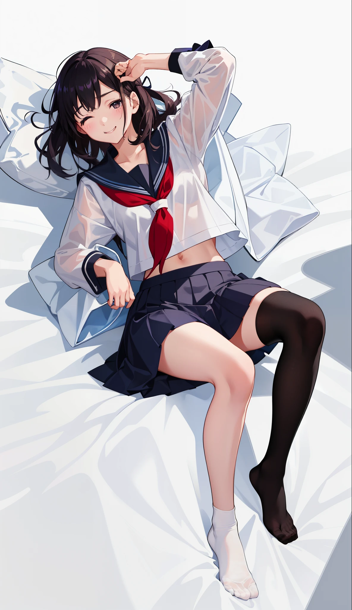 Chica anime acostada en una cama con las piernas cruzadas - SeaArt AI