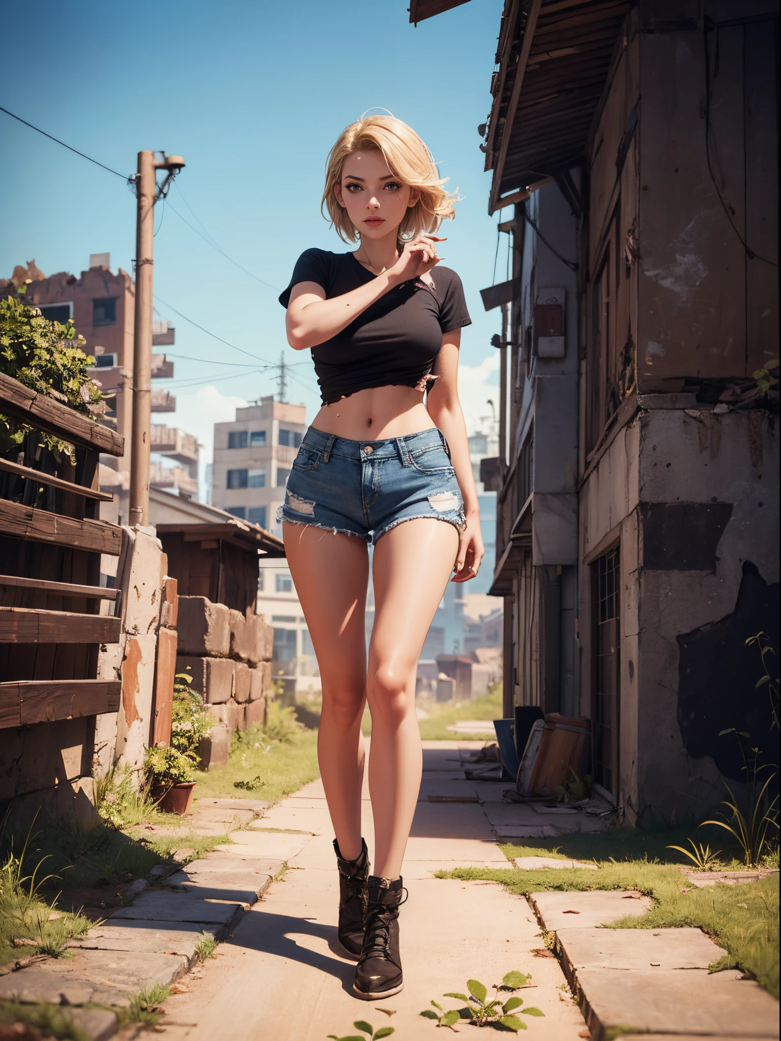 2076 year. The Urban Ruins of the Wasteland, Female huntress picking fruit in the garden, beautiful face, blonde, badly torn shirt and denim shorts ,  long legs, sweating through, sun rising, Nice warm colors, head to toe, full body shot, pretty hands, perfect fingers,