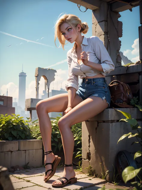 2076 year. The Urban Ruins of the Wasteland, Female huntress picking fruit in the garden, beautiful face, blonde, badly torn shirt and denim shorts ,  nice fit legs, sweating through, sun rising, Nice warm colors, head to toe, full body shot, pretty hands,...