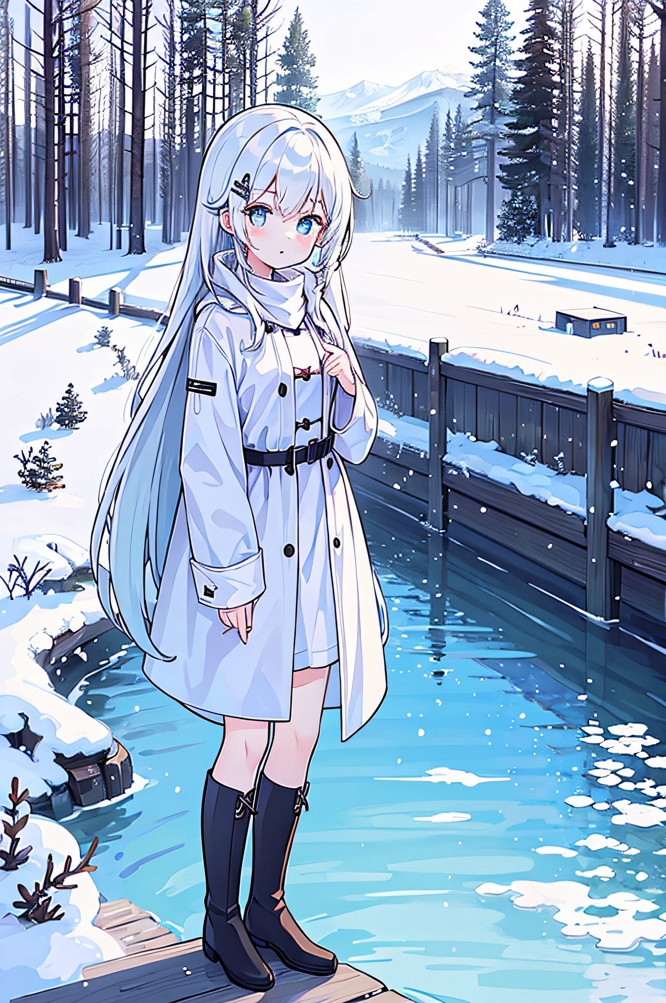 1girl, white long hair, white coat, black over-the-knee boot, forest, winter, snow, frozen lake in the background
