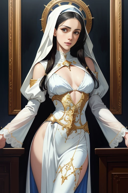 Beautiful ultra-thin realistic portrait of the Virgin Mary, White costume with blue details, ((Divinity)), Full body, biblical, Realistic, Intricate details, by Abbott Fuller Graves, Bartolomé Esteban Murillo, JC Leyendecker, Craig Mullins, Peter Paul Rubens, (Caravaggio), Trending in art stations, 8K, Concept art, Fantasy Art, Photorealistic, Realistic, Illustration, Oil Painting, surrealism, hyper realisitic, Brush Brush, Digital Art, Style,  aquarelle
