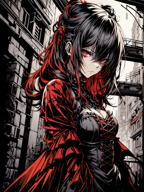 v5lcn style,(Best Quality,masutepiece:1.2),(Anime style,Comic Noir Style:1.1),1girl in,cute-style,Adorable,extremely detailed eye,extra detailed face,very detail hair,8K,resolution,gothic dress,Gothic punk,blood splashing、dark hue、Red hue
