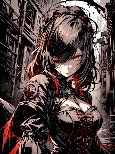v5lcn style,(Best Quality,masutepiece:1.2),(Anime style,Comic Noir Style:1.1),1girl in,cute-style,Adorable,extremely detailed eye,extra detailed face,very detail hair,8K,resolution,gothic dress,Gothic punk,blood splashing、dark hue、Red hue