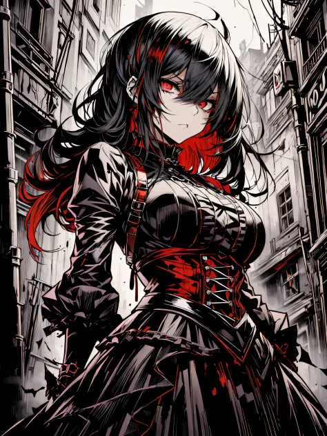 v5lcn style,(Best Quality,masutepiece:1.2),(Anime style,Comic Noir Style:1.1),dynamic compositions,1girl in,cute-style,Adorable,extremely detailed eye,extra detailed face,very detail hair,8K,resolution,gothic dress,Gothic punk,blood splashing、dark hue、Red ...