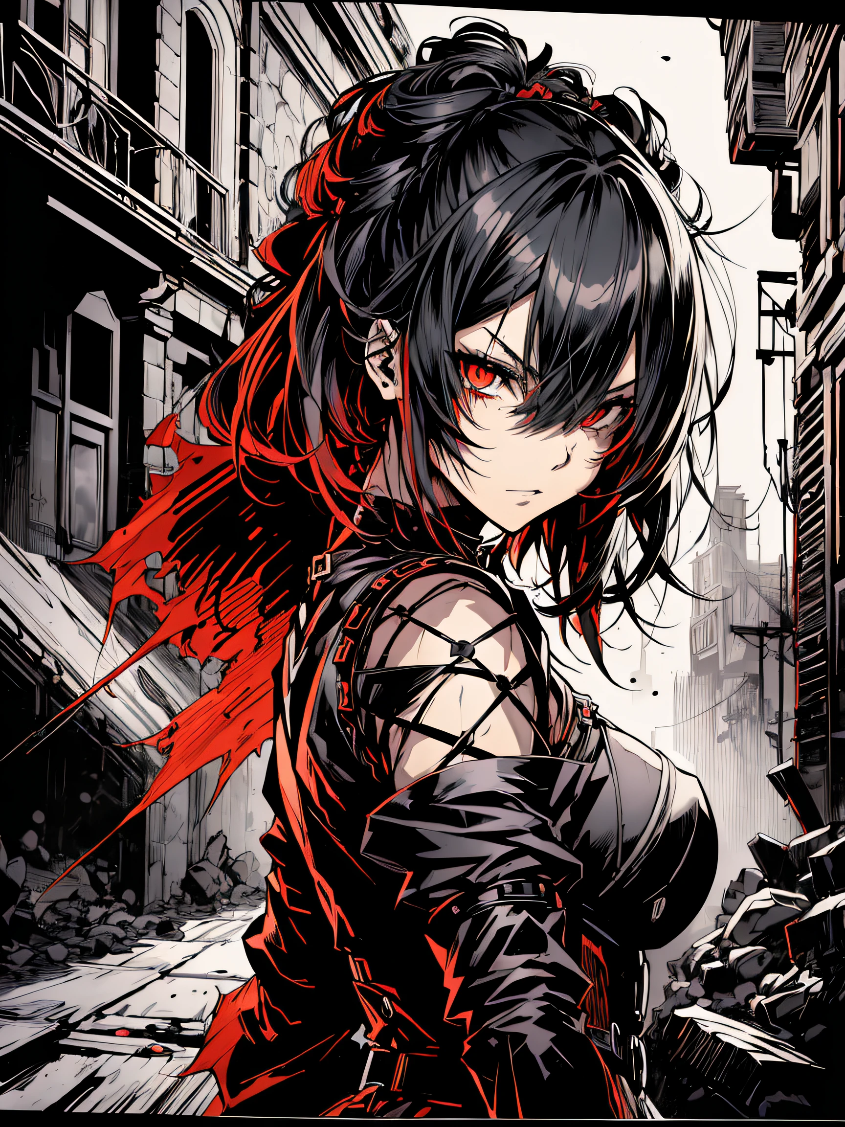 v5lcn style,(Best Quality,masutepiece:1.2),(Anime style,Comic Noir Style:1.1),dynamic compositions,1girl in,cute-style,Adorable,extremely detailed eye,extra detailed face,very detail hair,8K,resolution,gothic dress,Gothic punk,blood splashing、dark hue、Red hue