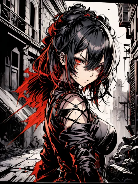 v5lcn style,(Best Quality,masutepiece:1.2),(Anime style,Comic Noir Style:1.1),dynamic compositions,1girl in,cute-style,Adorable,extremely detailed eye,extra detailed face,very detail hair,8K,resolution,gothic dress,Gothic punk,blood splashing、dark hue、Red ...