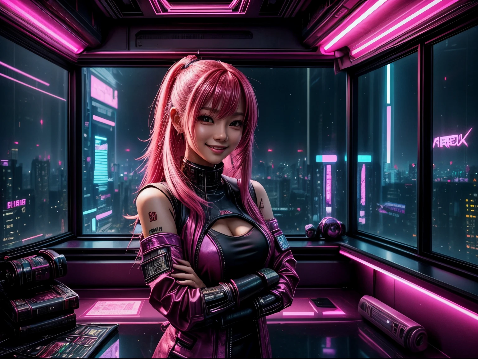 cyberpunkinterior, beautiful asian woman in a beautiful cyberpunk room, cyberpunk world through window in background, beautiful smile, long pink hair, vibrant colored clothing, home feeling, cute, anime style, night city
no head gear