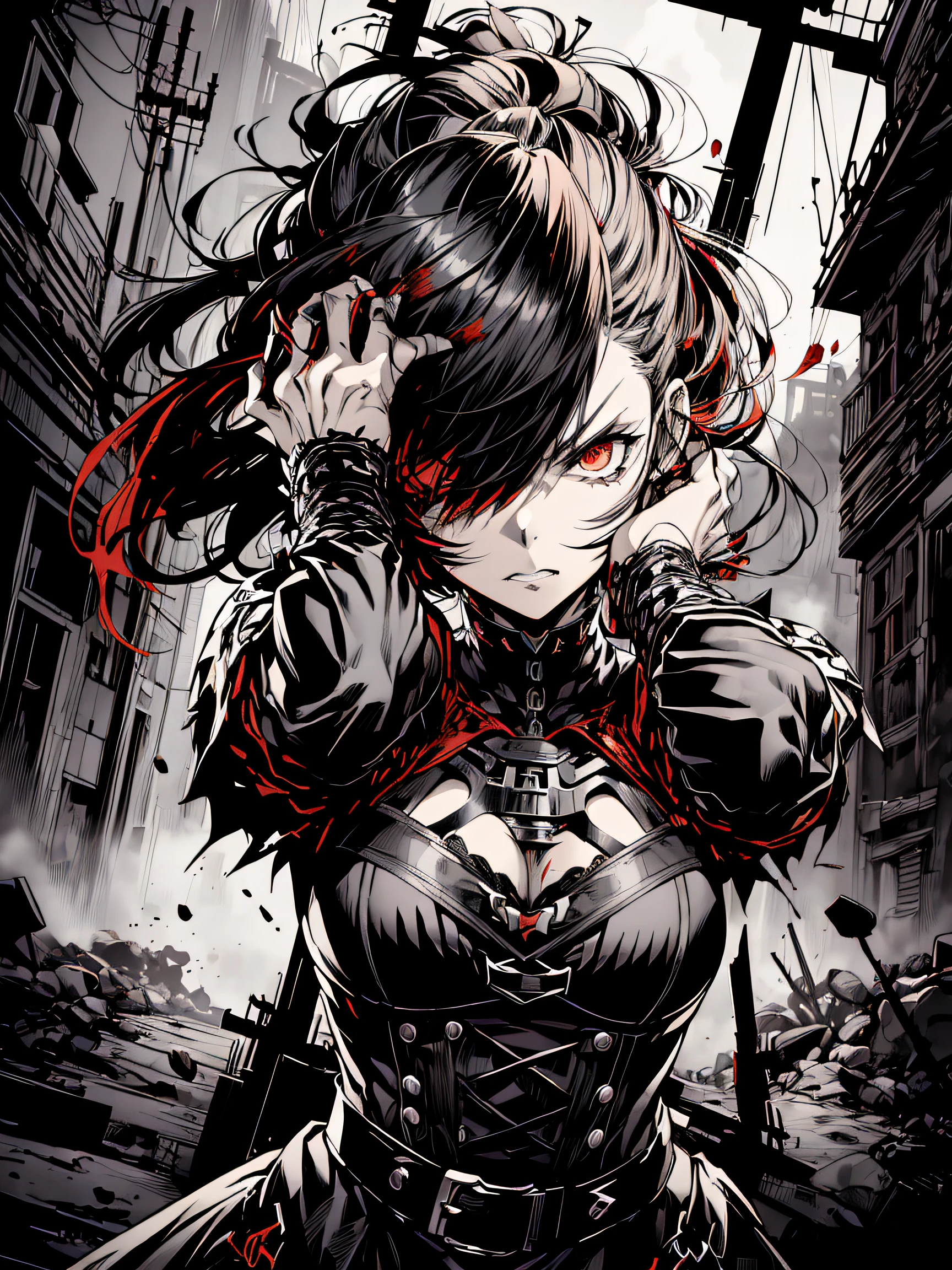 v5lcn style,(Best Quality,masutepiece:1.2),(Anime style,Comic Noir Style:1.1),dynamic compositions,actionpose,1girl in,cute-style,Adorable,extremely detailed eye,extra detailed face,very detail hair,8K,resolution,gothic dress,Gothic punk,blood splashing、dark hue、Red hue