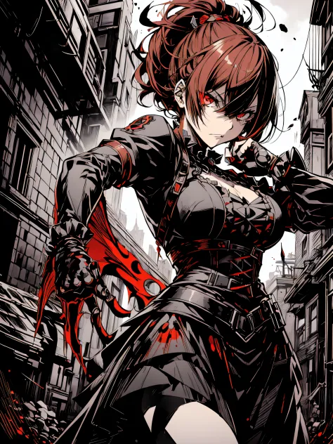 v5lcn style,(Best Quality,masutepiece:1.2),(Anime style,Comic Noir Style:1.1),dynamic compositions,actionpose,1girl in,cute-style,Adorable,extremely detailed eye,extra detailed face,very detail hair,8K,resolution,gothic dress,Gothic punk,blood splashing、da...
