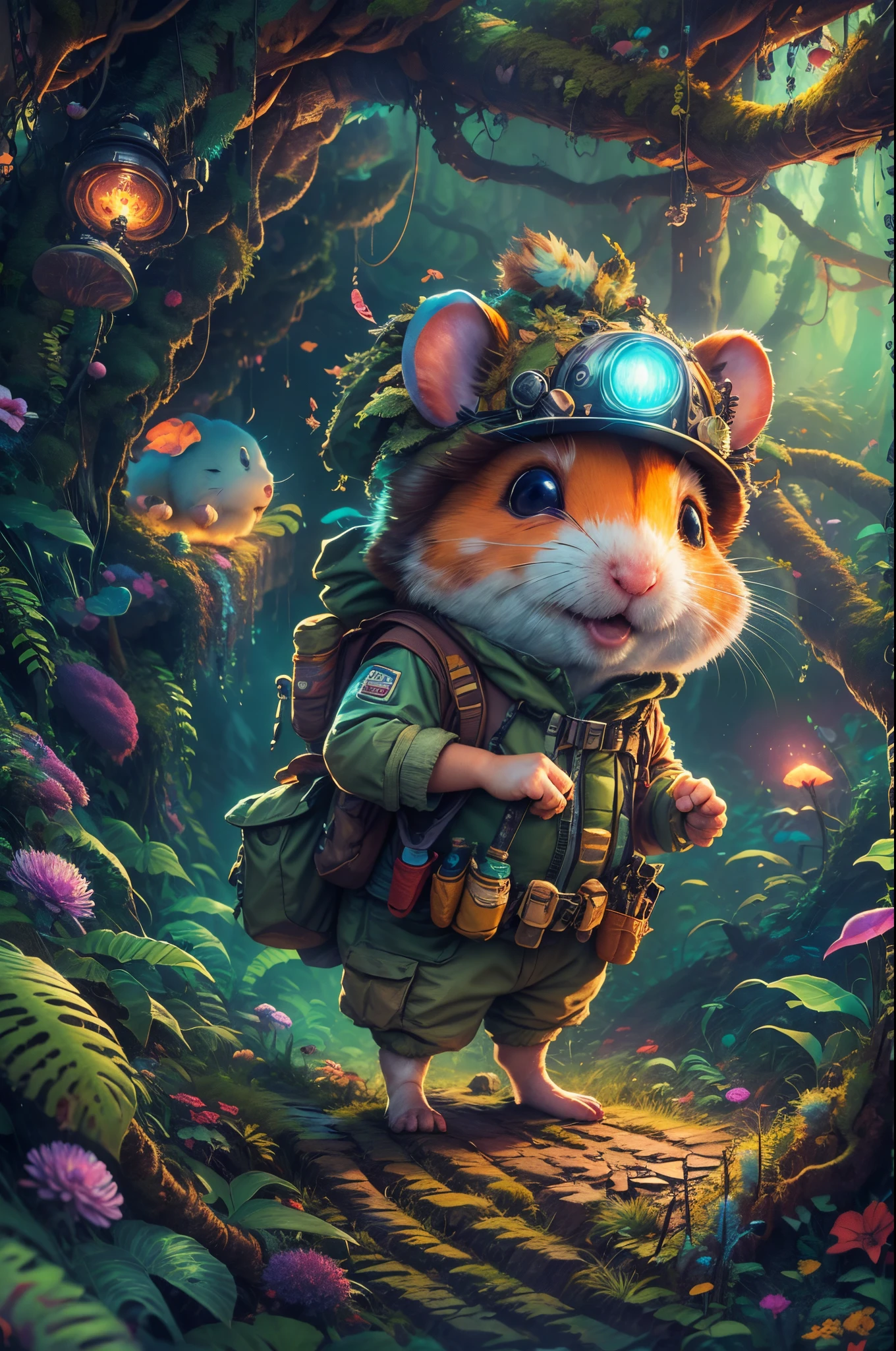 A close up of a hamster wearing a backpack and a hat - SeaArt AI