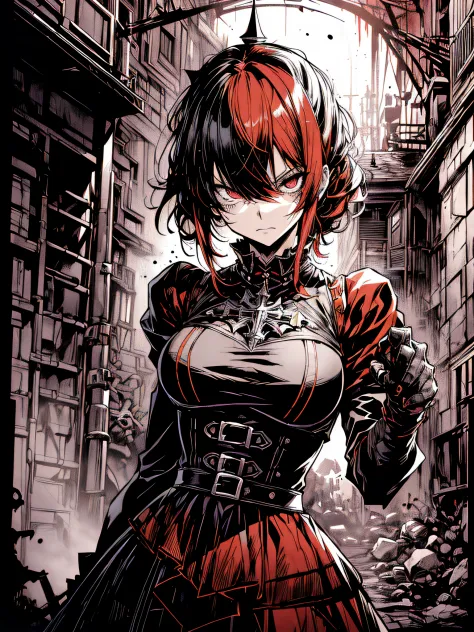 v5lcn style,(Best Quality,masutepiece:1.2),(Anime style,Comic Noir Style:1.1),dynamic compositions,actionpose,1girl in,cute-style,Adorable,extremely detailed eye,extra detailed face,very detail hair,8K,resolution,gothic dress,Gothic punk,blood splashing、da...