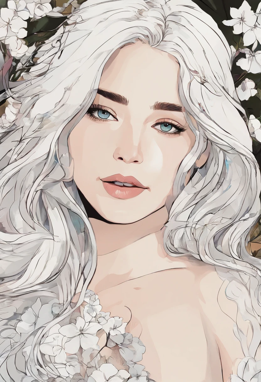 A drawing of a woman with white hair and flowers in her hair - SeaArt AI