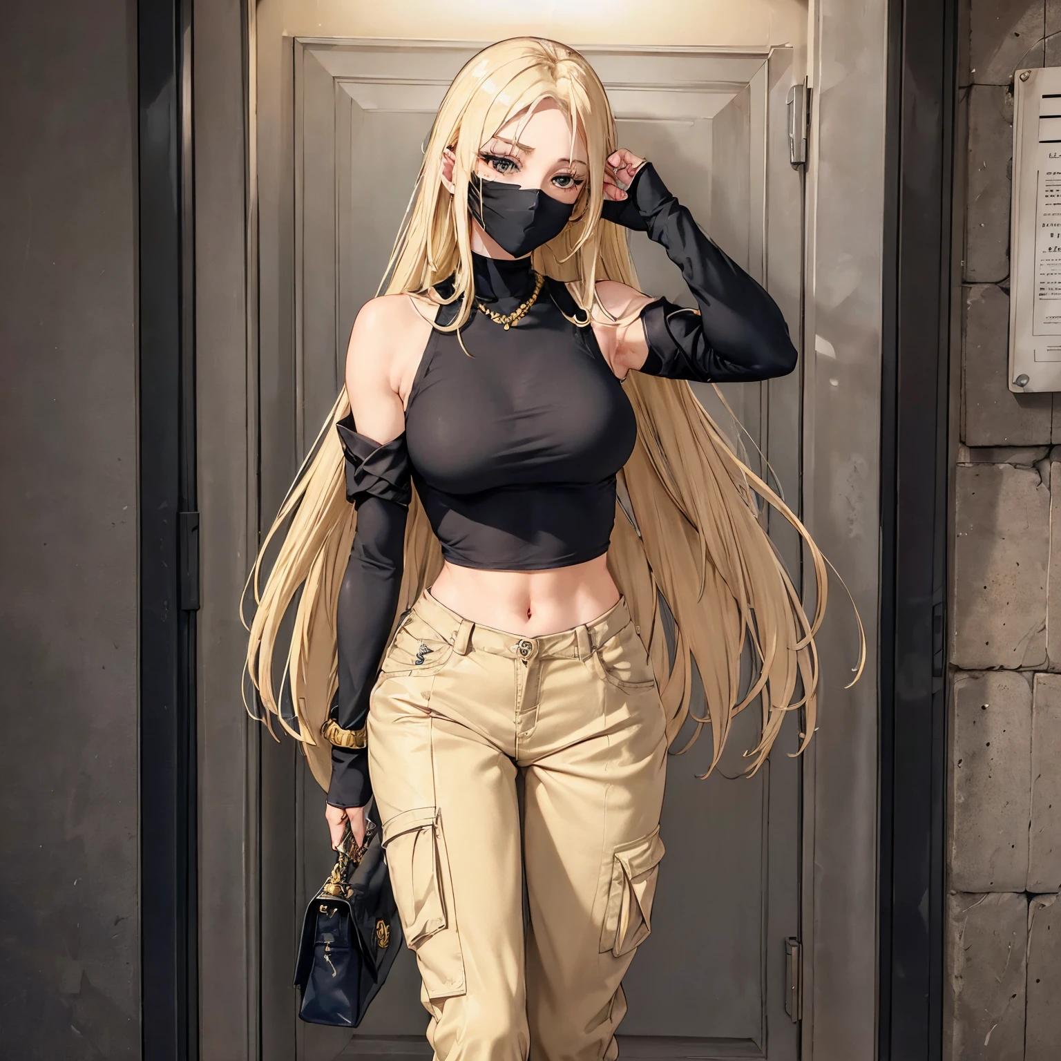 (tall,strong,confident) woman in a (white coat) with a (dark blue crop top) and (beige cargo pants). She has (ripped sleeves) and (long blonde hair) flowing down to her waist. Her face is covered by a (white mask with black markings), giving her an air of mystery. On her wrists and feet, she wears (golden bead bracelets) that add a touch of elegance. The (white coat) contrasts with her (golden hair) and the dark colors of her outfit, creating a visually striking image.

The woman stands tall, exuding (confidence) and (strength). She has a commanding presence, owning the space around her. Her (long blonde hair) cascades down her back, adding movement and a sense of dynamism to the scene. The (ripped sleeves) of her coat suggest a rebellious nature, while the (beige cargo pants) imply a practical and versatile style.

The choice of a (white mask with black markings) adds intrigue and a hint of danger. It obscures her face, making it difficult to discern her true emotions and intentions. The contrasting colors of the mask create a bold visual element, drawing attention to her face and adding an Element of mystery to the overall composition.

The (golden bead bracelets) on her wrists and feet bring a touch of glamour and femininity to the scene. They catch the light, glinting and shimmering with every movement, reflecting her inner strength and confidence.

Overall, the image captures a (tall,strong,confident) woman with a striking sense of style. The combination of her (white coat), (dark blue crop top), and (beige cargo pants) creates a visually appealing and harmonious color palette. Her long blonde hair and the golden accessories add a touch of elegance and glamour to the scene. The (ripped sleeves) and hint at a rebellious and mysterious nature. The image is of (high quality) and has (realistic,photorealistic) details, reflecting the beauty and complexity of the subject. One woman, one female