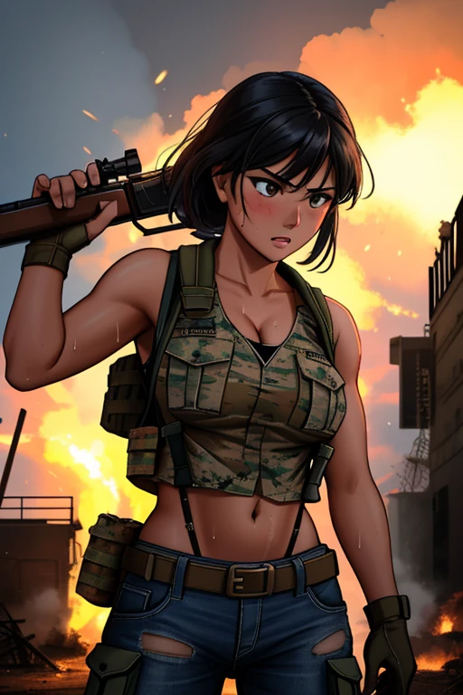 24 year old, Filipino Woman, tanned bronze skin, wearing USA marine corps uniform, fighting on the battlefield, strong muscles, world war, modern war theme, army girl, rifle, (holding a rifle: 1.3), (aiming and holding rifle: 1.3), soldier girl, infantry girl, shootout, air raid, air strike, military, camouflage uniform, burning vehicle, warzone, battlefield, war, ruins, explosion, burning city, smoke, torn tank top, belly button, gloves, torn military pants, face stained with mud and blood, sweaty skin, bloody skin, mud-stained skin, small, cleavage, expression of determination, rigorous expression, highest quality, ultra-high resolution, absurdity, realistic, physically based rendering, cinematic lighting, complex and cinematic appearance, cinematic soft light, soothing tone, battlefield background, urban war background, photorealistic, cowboy shot, dynamic angle