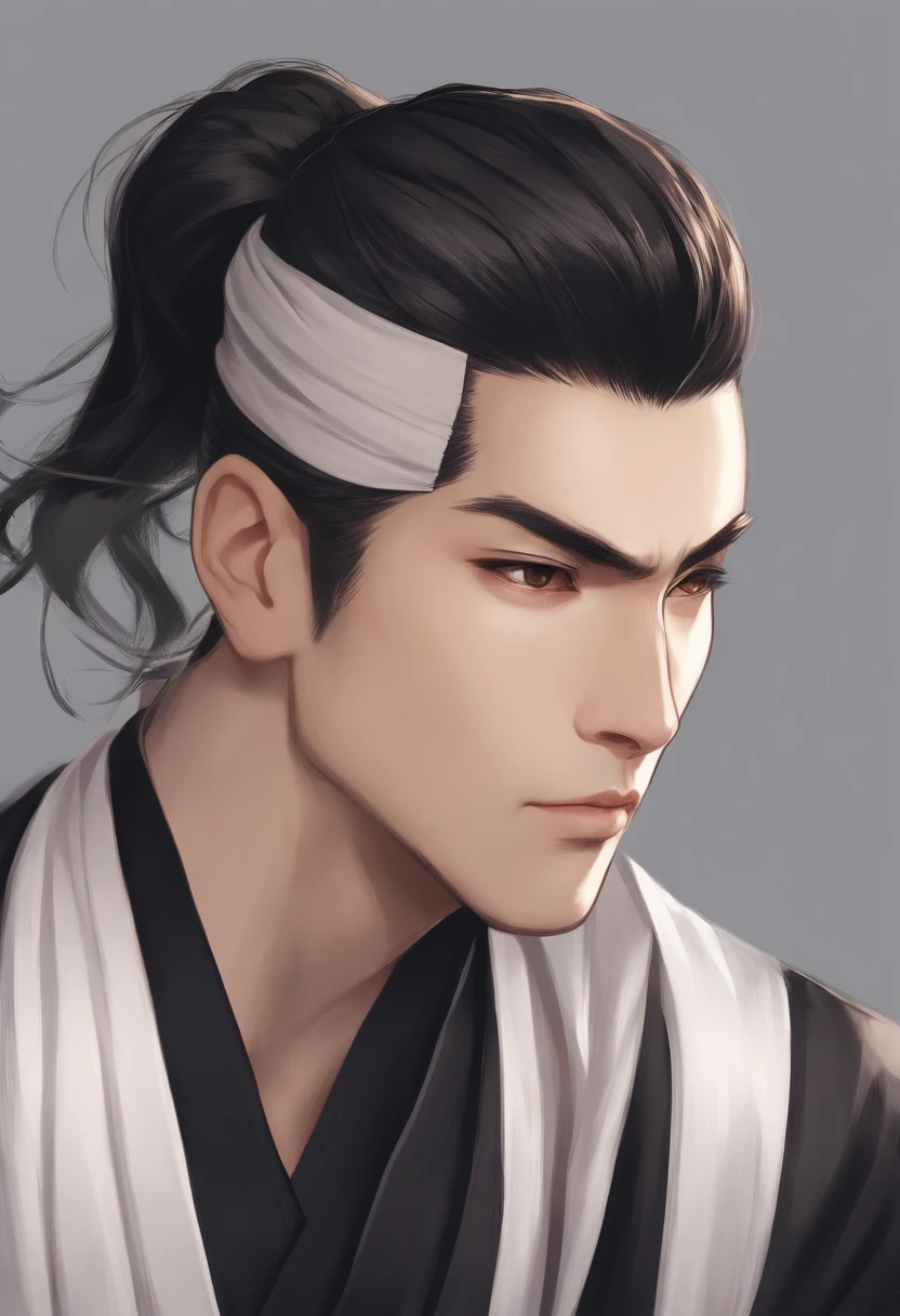 1man; 20 years; Portrait of a Japan man; black hair tied up in a bun; Akame; Black clothe; Close-up Lost; Serious expression, black bun hair; simple white back ground; anime styled; Black clothe; black colored clothes; portrait of the man; 1 youth; No beard; 8K resolution