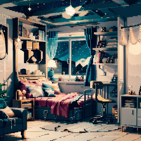 pixelart, a teenager room with lots of decoration, pictures and books, open window for a night view in a starry sky, no characte...