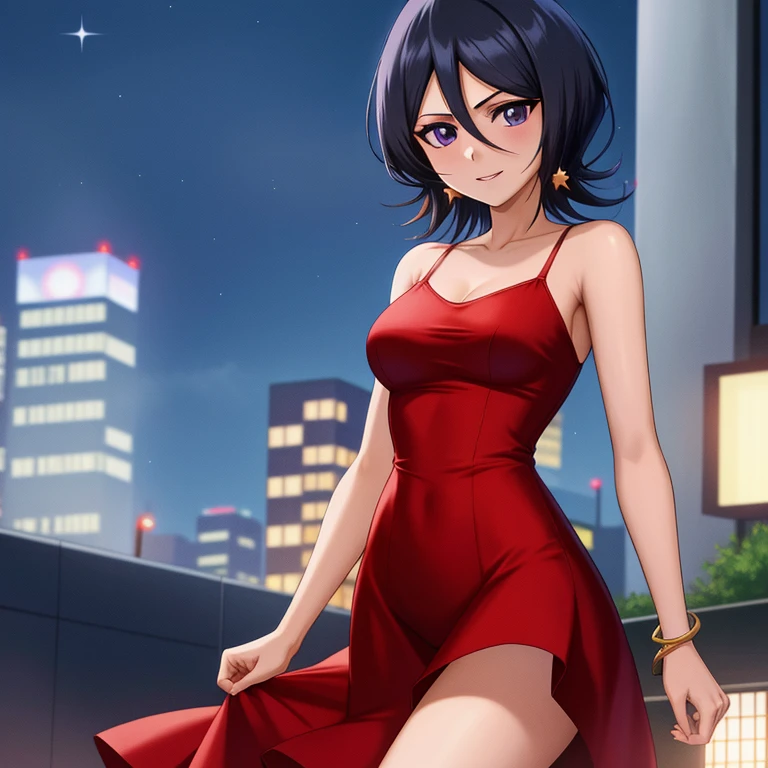 anime screencap, cityscape background, dim lights, rooftops, veranda, night falls, stars sparkling, 1 girl, solo, smile, short hair, black hair, purple eyes, hair between eyes, bare shoulders, bare neck, standing, red dress, red skin-tight dress, pretty girl, sexy girl, medium breasts, earrings, bracelets, looking at viewer, facing viewer.