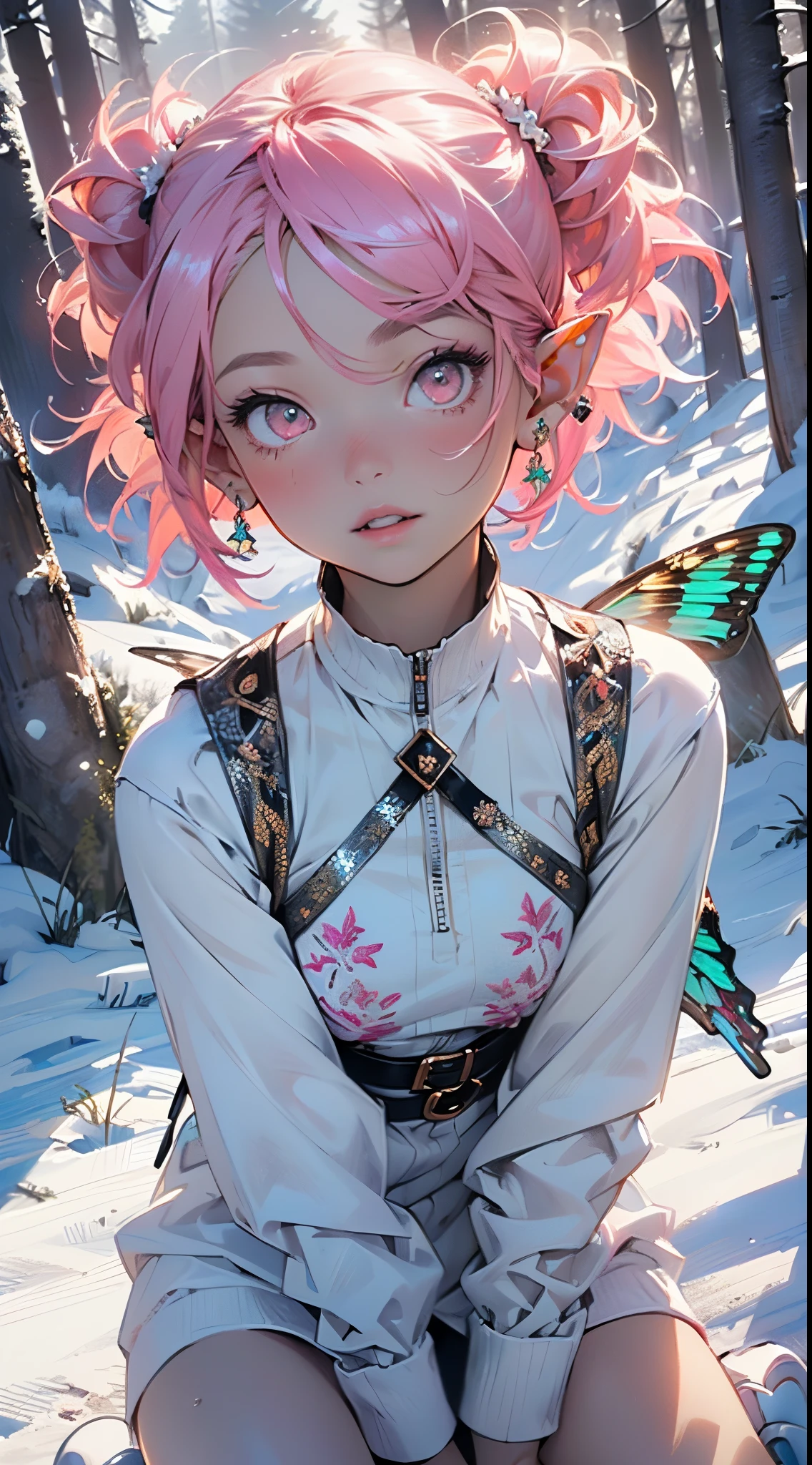 Anime girl with pink hair sitting in the snow with a butterfly - SeaArt AI