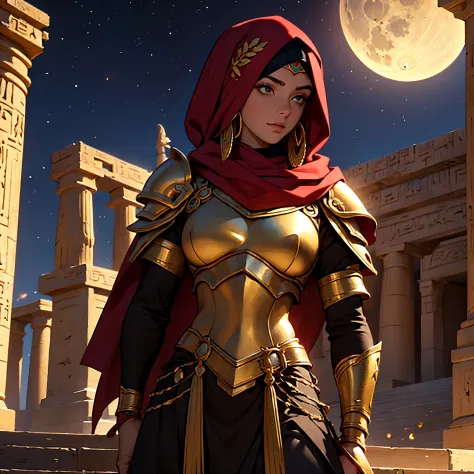 ​masterpiece, Best Quality, 4k, Very detailed, Background with: In front of egyptian temple stairs under the crescent moon in th...
