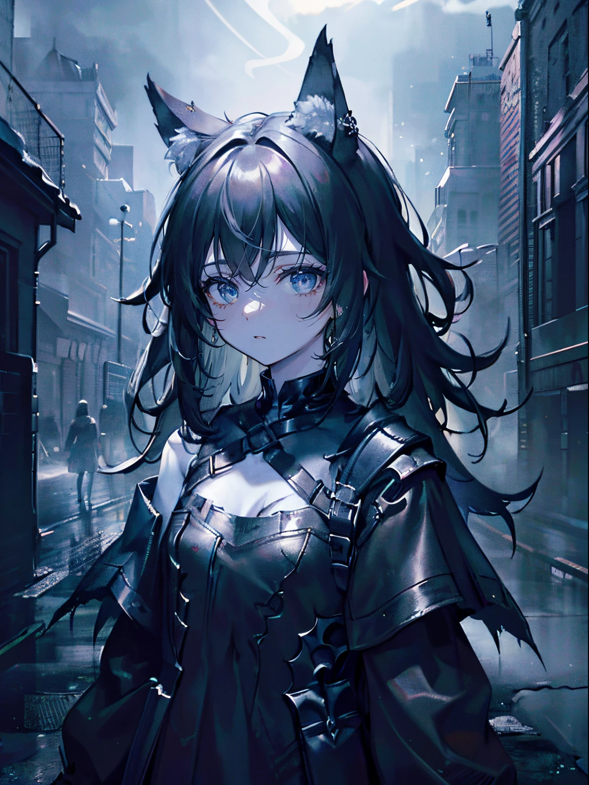 (masterpiece,best quality,ultra-detailed),1girl,pale skin,black hair,messy hair, thick hair,black clothes,dark ambient,((monster girl)),(shadow theme),(((black dust theme))), wolf ears, small chest