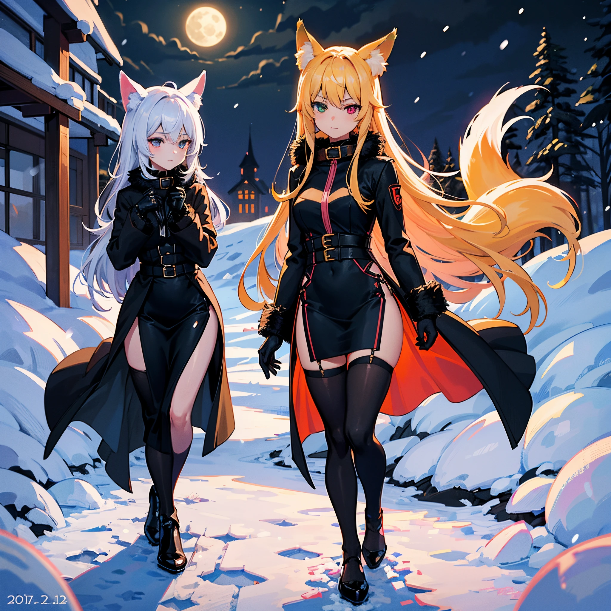 Two anime girls in black outfits walking in the snow - SeaArt AI